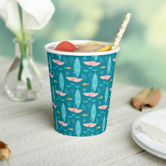 Mid Century Pink Catamaran - Blue Background Paper Cups