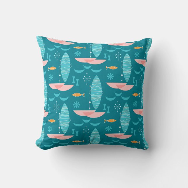 Mid Century Pink Catamaran - Blue Background Throw Pillow (Front)