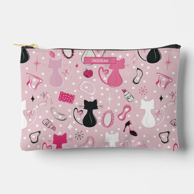 Mid Century Pink Heart Cats Accessory Pouch (Front)
