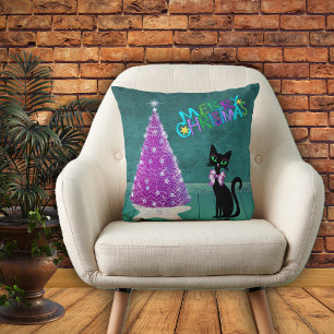 Mid Century Pink Tree Black Cat Teal Room Holiday Throw Pillow