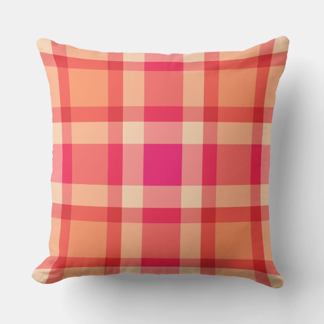 Mid-Century Plaid, Orange, Coral and Fuchsia Pink Throw Pillow (Front)
