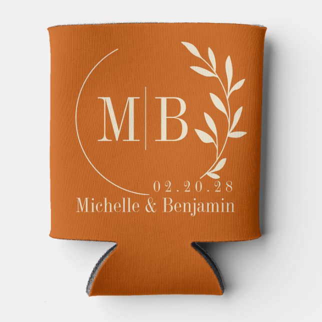 Mid-Century Pumpkin Leaf Wedding Monogram Can Cooler (Front)