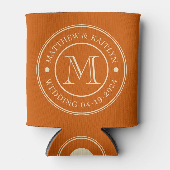 Mid-Century Pumpkin Wedding Monogram Can Cooler (Front)