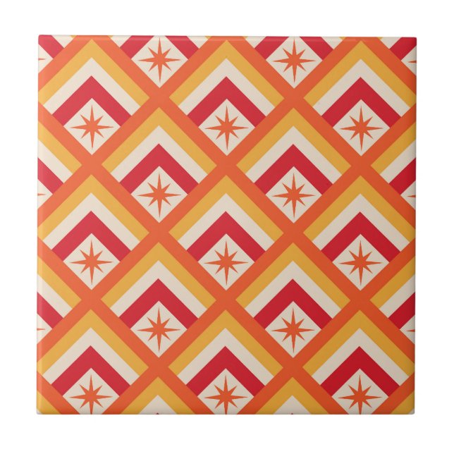 Mid Century Red Atomic Starbursts on Diamond Shape Tile (Front)