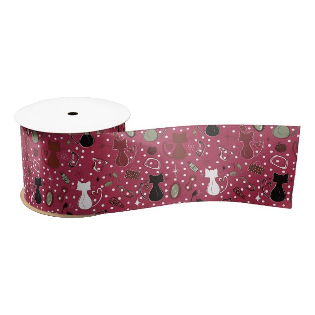 Mid Century Red Heart Cats Satin Ribbon (Spool)