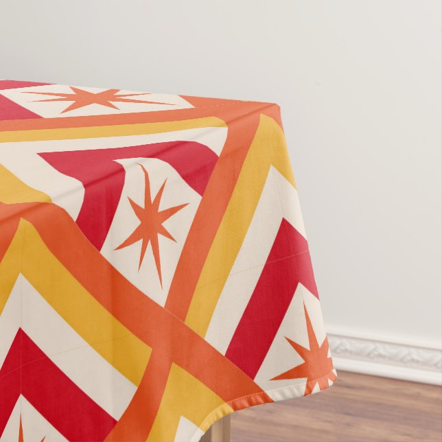 Mid Century Red Retro Starbursts on Diamond Shapes Tablecloth (In Situ)