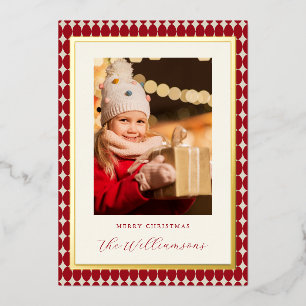 Mid Century Red Vertical Two Photos Christmas Gold Foil Holiday Card