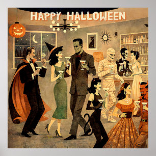 Mid Century Retro 40s Halloween Martini Party Poster