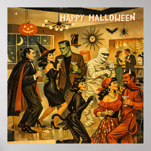 Mid Century Retro 50s Halloween Martini Party Poster