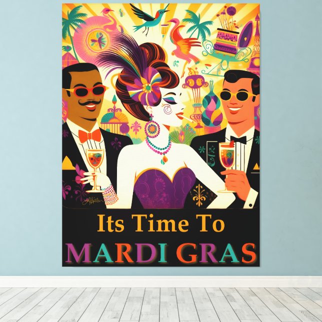Mid Century Retro 60s Mardi Gras Cocktail Party Canvas Print (Insitu(Wood Floor))