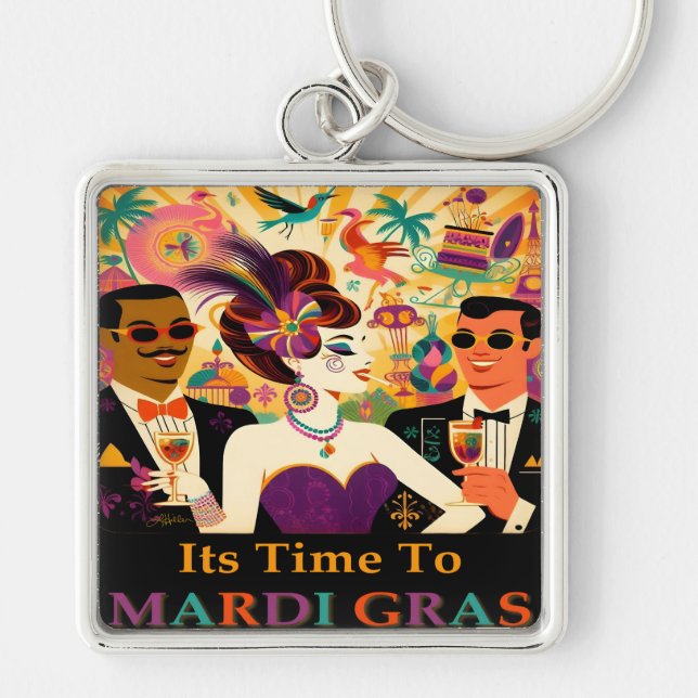 Mid Century Retro 60s Mardi Gras Cocktail Party Keychain (Front)
