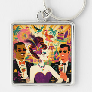 Mid Century Retro 60s Mardi Gras Cocktail Party Keychain