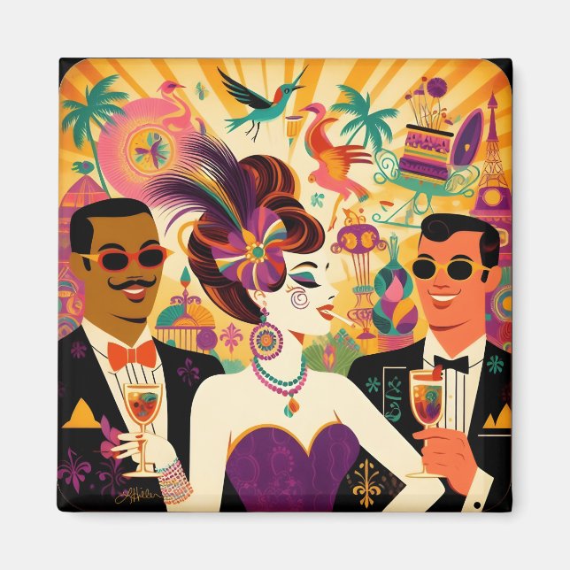 Mid Century Retro 60s Mardi Gras Cocktail Party Magnet (Front)