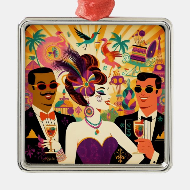 Mid Century Retro 60s Mardi Gras Cocktail Party Metal Ornament (Front)