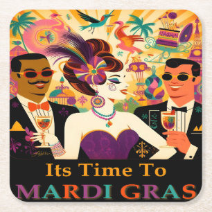 Mid Century Retro 60s Mardi Gras Cocktail Party Square Paper Coaster
