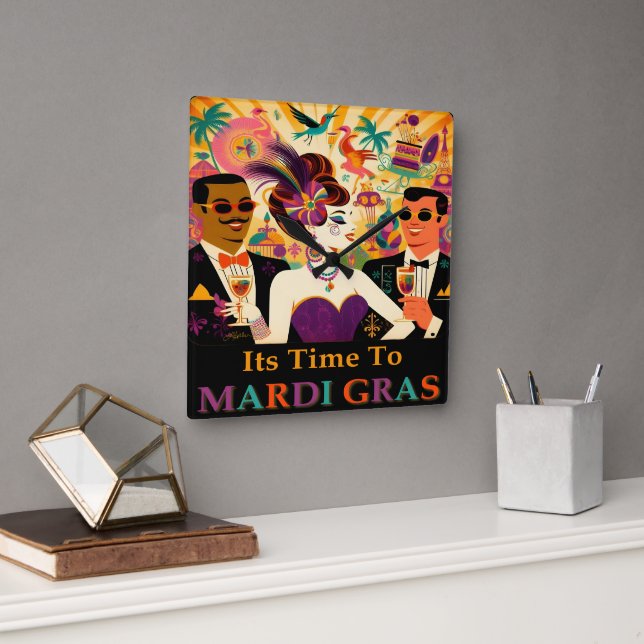 Mid Century Retro 60s Mardi Gras Cocktail Party Square Wall Clock (Office)