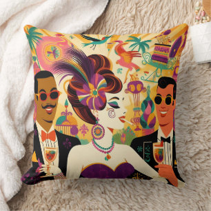 Mid Century Retro 60s Mardi Gras Cocktail Party Throw Pillow