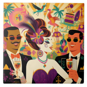 Mid Century Retro 60s Mardi Gras Cocktail Party Tile