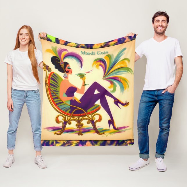 Mid Century Retro 60s Mardi Gras Martini Woman Fleece Blanket (In Situ)