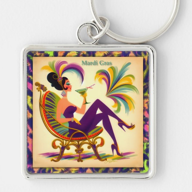 Mid Century Retro 60s Mardi Gras Martini Woman Keychain (Front)