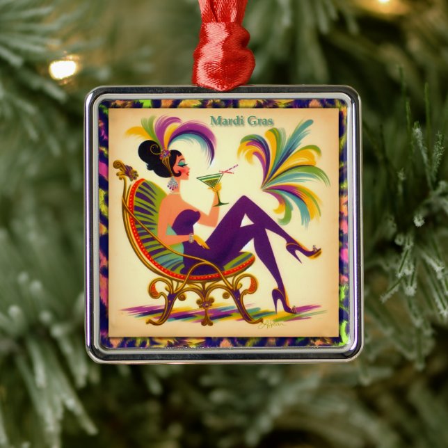 Mid Century Retro 60s Mardi Gras Martini Woman Metal Ornament (Tree)