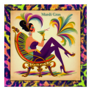 Mid Century Retro 60s Mardi Gras Martini Woman Poster
