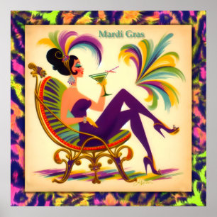 Mid Century Retro 60s Mardi Gras Martini Woman Poster