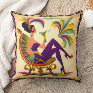 Mid Century Retro 60s Mardi Gras Martini Woman Throw Pillow