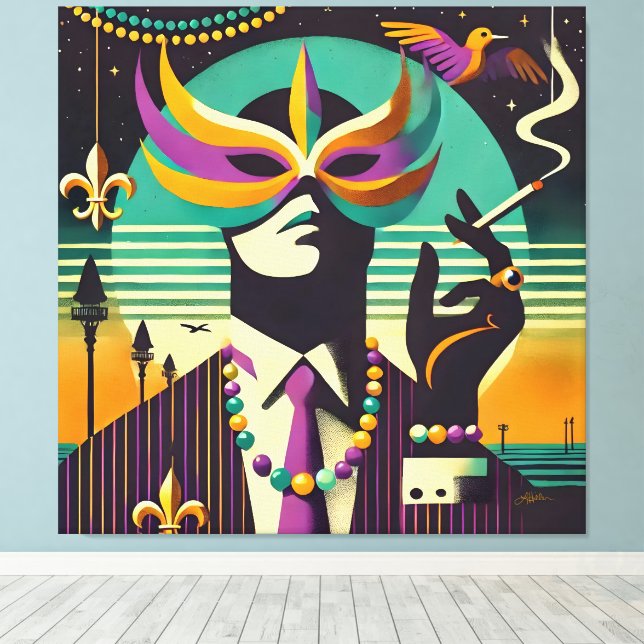 Mid Century Retro 60s Mardi Gras The Smoking Man Canvas Print (Insitu(Wood Floor))