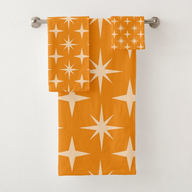 Mid Century Retro Atomic Stars Pattern on Orange   Bath Towel Set (Insitu)
