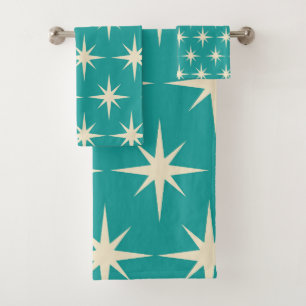 Mid Century Retro Atomic Stars Pattern on Teal Bath Towel Set