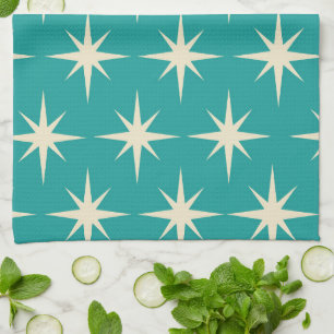 Mid Century Retro Atomic Stars Pattern on Teal Kitchen Towel