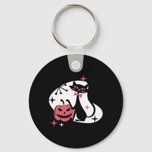 Mid Century Retro Black Cat Pumpkin Halloween Keychain