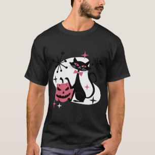 Mid Century Retro Black Cat Pumpkin Halloween T-Shirt