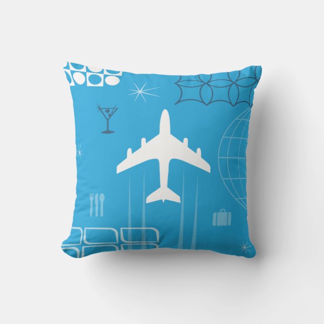Mid-Century Retro Blue Throw Pillow (Front)
