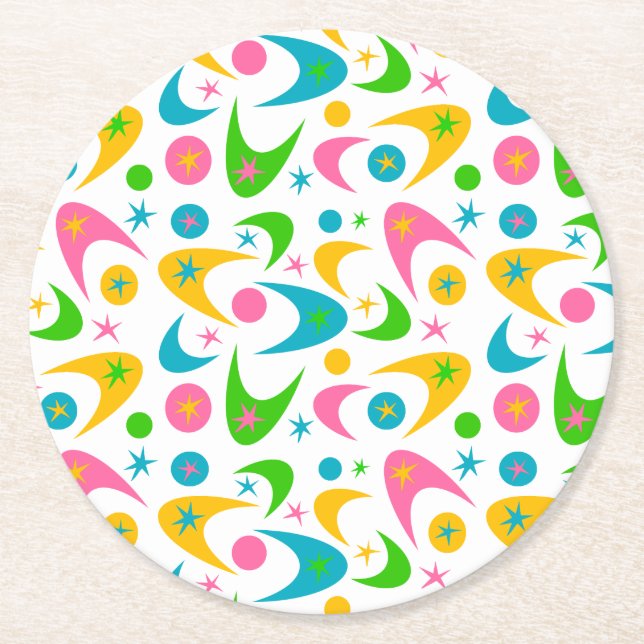 Mid Century Retro Boomerangs Round Paper Coaster (Front)