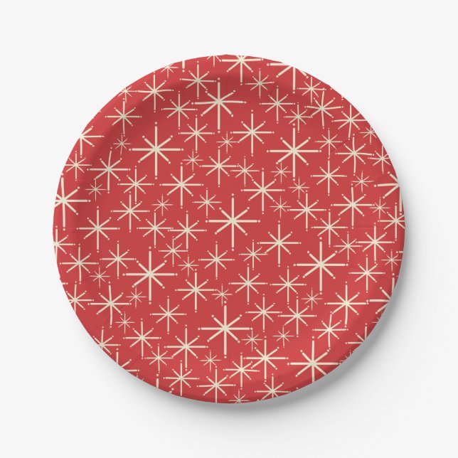 Mid-Century Retro Christmas Starbursts Pattern Red Paper Plate (Front)
