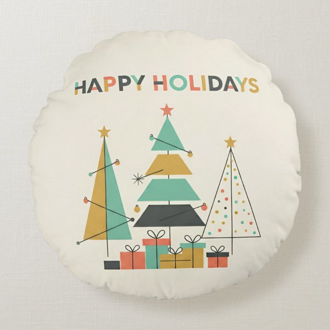 Mid-Century Retro Christmas Trees Round Pillow (Front)