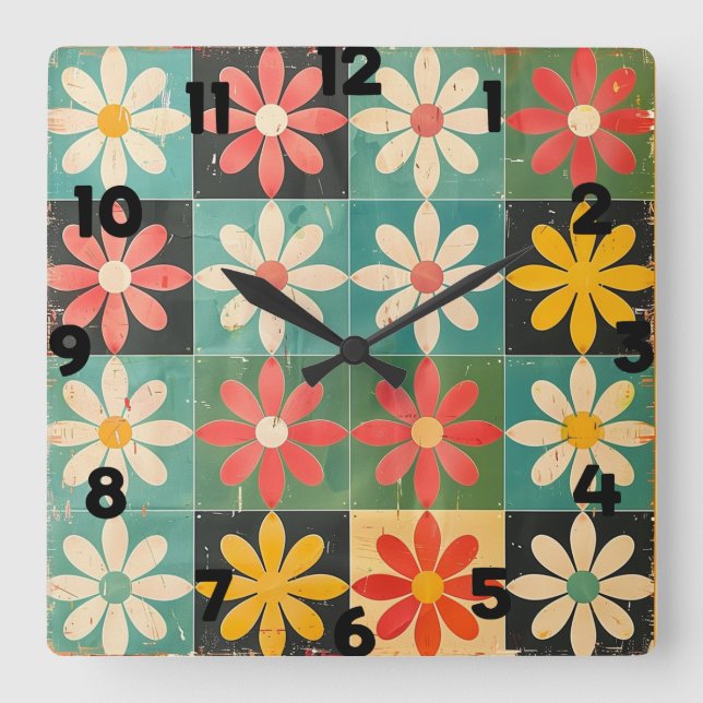 Mid Century Retro Daisy Pattern Square Wall Clock (Front)