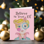 Mid Century Retro Elf Whimsical Christmas Poem Holiday Card<br><div class="desc">This cute Christmas design was created using my hand painted mixed media elf with quirky details and a green background with snowflakes for a unique and whimsical vibe. The soft retro colour palette of pinks, greens, and blues is perfect for the modern Holiday season and the funny "Believe in Your...</div>