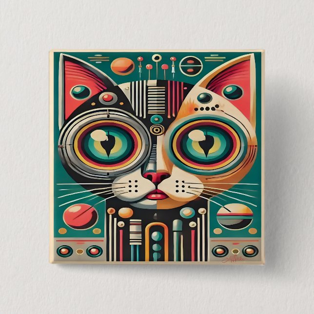 Mid Century Retro Futuristic Circuit Cat 2 Inch Square Button (Front)