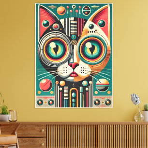 Mid Century Retro Futuristic Circuit Cat Canvas Print