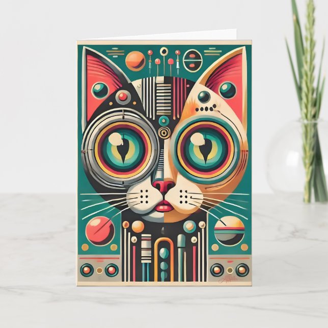 Mid Century Retro Futuristic Circuit Cat Card (Front)