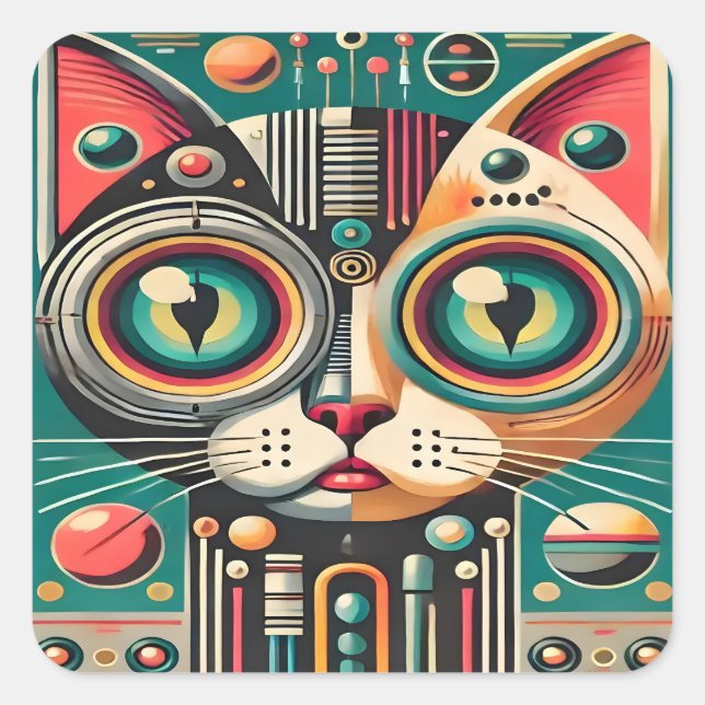 Mid Century Retro Futuristic Circuit Cat Square Sticker (Front)