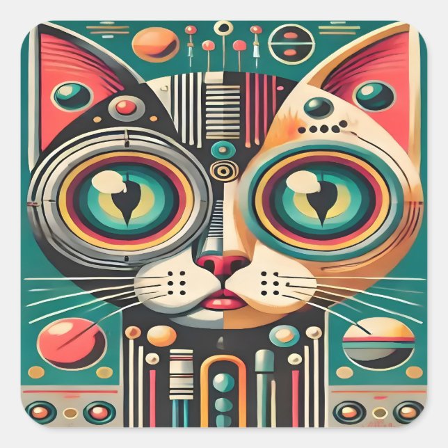Mid Century Retro Futuristic Circuit Cat Square Sticker (Front)