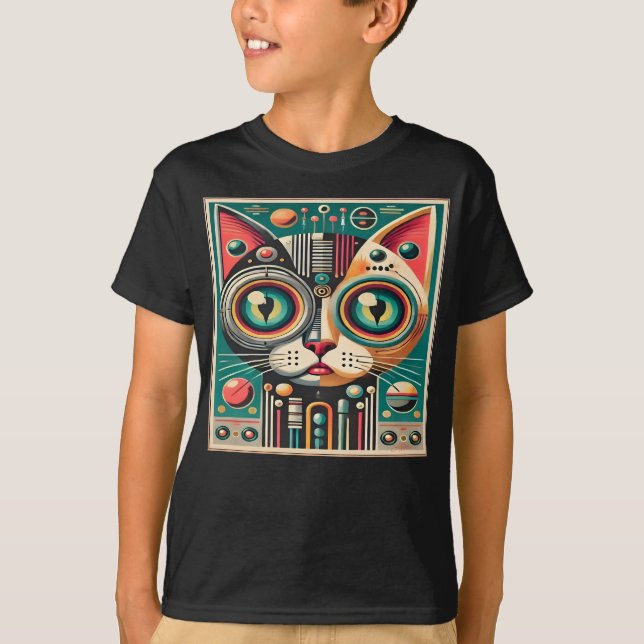 Mid Century Retro Futuristic Circuit Cat T-Shirt (Front)