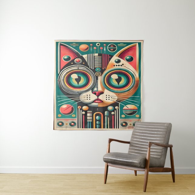 Mid Century Retro Futuristic Circuit Cat Tapestry (In Situ)