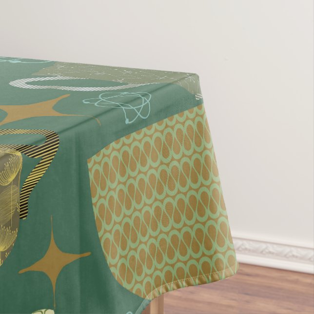 Mid Century Retro Green Teacup Pattern Tablecloth (In Situ)