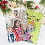 Mid Century Retro Magical Elf 1 Photo Christmas Foil Holiday Card<br><div class="desc">Your family photo shines with REAL metallic foil snowflakes and text in your choice of gold, rose gold, or silver on the front of this personalized card. The fun Christmas design on the back was created using my hand painted mixed media elf with quirky details and a green background with...</div>