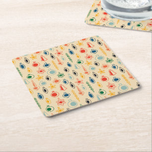 Mid Century Retro Pattern with Christmas Tree Toys Square Paper Coaster